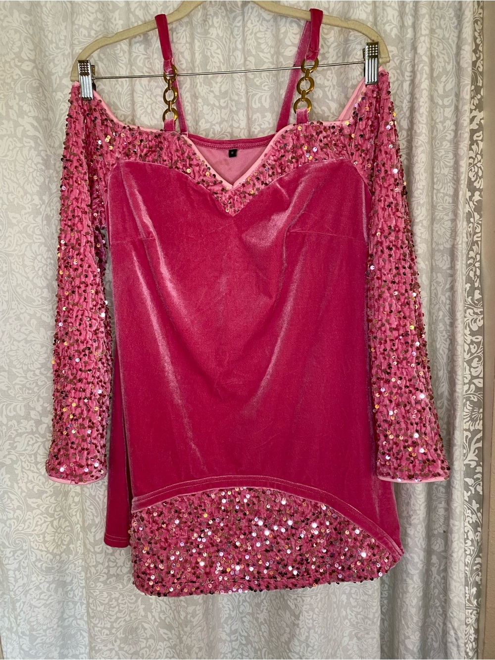 Pink Sequin Velvet Cold-Shoulder Party Top